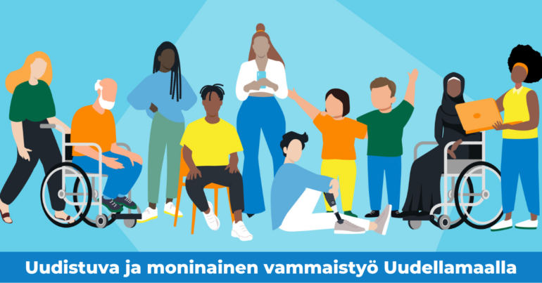 Värikkäitä piirroshahmoja, erilaisia esteellisyyksiä erottuu, mm- pyörätuoleja.